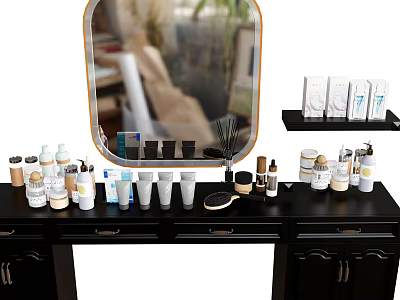 Black Dressing Table With Round Gold Frame Mirror And Organized Cosmetics Skincare Products 3d model