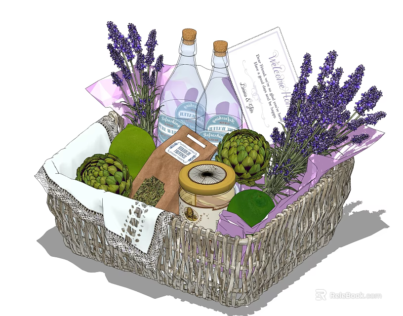 Decorative Ornament Set with Wicker Basket Lavender Artichoke Bottles Jar and Lemon Slices 3d model 