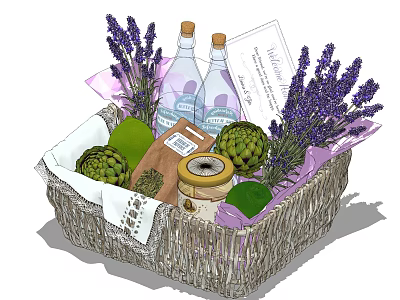 Decorative Ornament Set with Wicker Basket Lavender Artichoke Bottles Jar and Lemon Slices 3d model