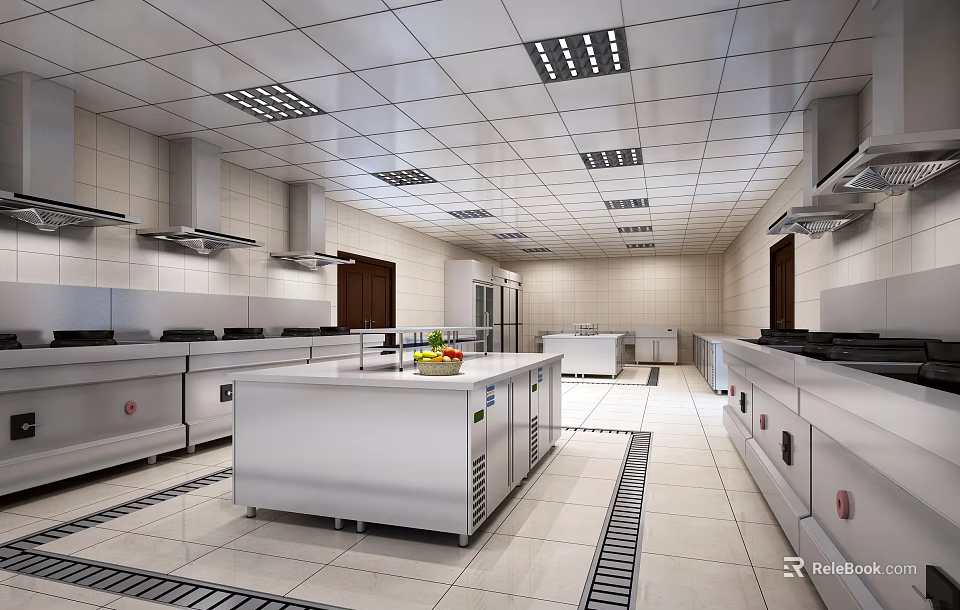 Commercial Kitchen Interior With Stainless Steel Worktables Cooking Ranges And Ventilation Hoods 3d model 