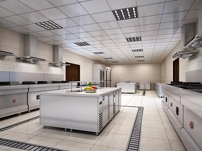 Commercial Kitchen Interior With Stainless Steel Worktables Cooking Ranges And Ventilation Hoods 3d model