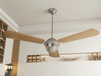 Ceiling Mounted Air Conditioner Fan With Wooden Blades And Metal Body In Modern Home Interior 3d model