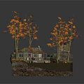 Whimsical Cartoon Scene Featuring Small Houses Surrounded by Orange Leaved Trees and Small Boat