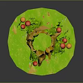 Lush Green Grassy Scene with Wooden Stumps Red and Orange Mushrooms and Small Plants