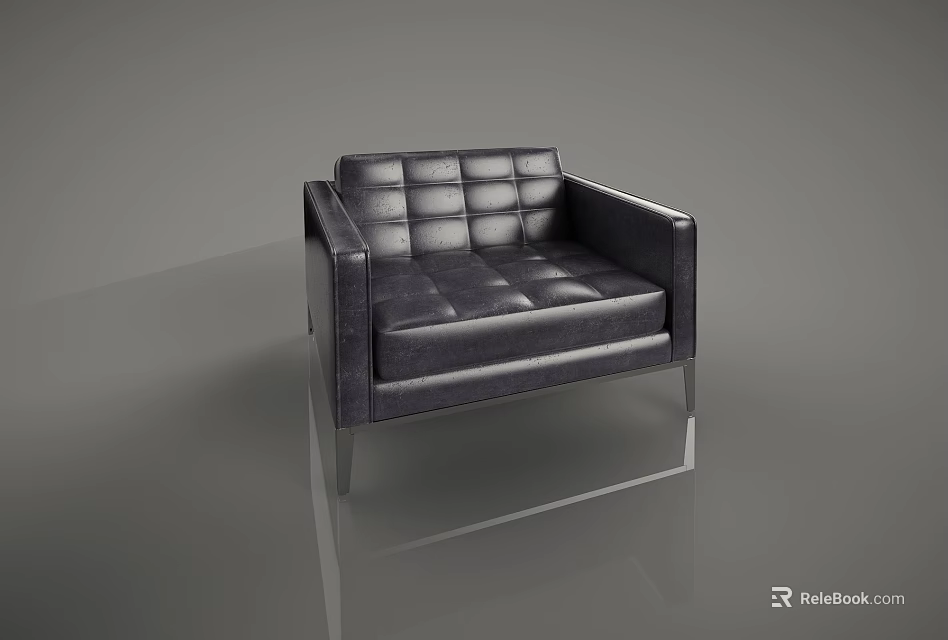 Modern Single Sofa With Black Leather Square Stitching And Metal Legs 3d model
