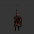 Warrior Character In Traditional Armor Holding Spear And Decorative Shield Standing Pose