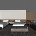 Hotel Guest Room Interior With Twin Beds Bedside Lamps Wooden Benches And Textured Fabric Wall