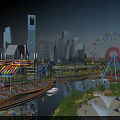 Aerial Planning of City Skyline Waterfront with Ferris Wheel Water Slides and Green Spaces