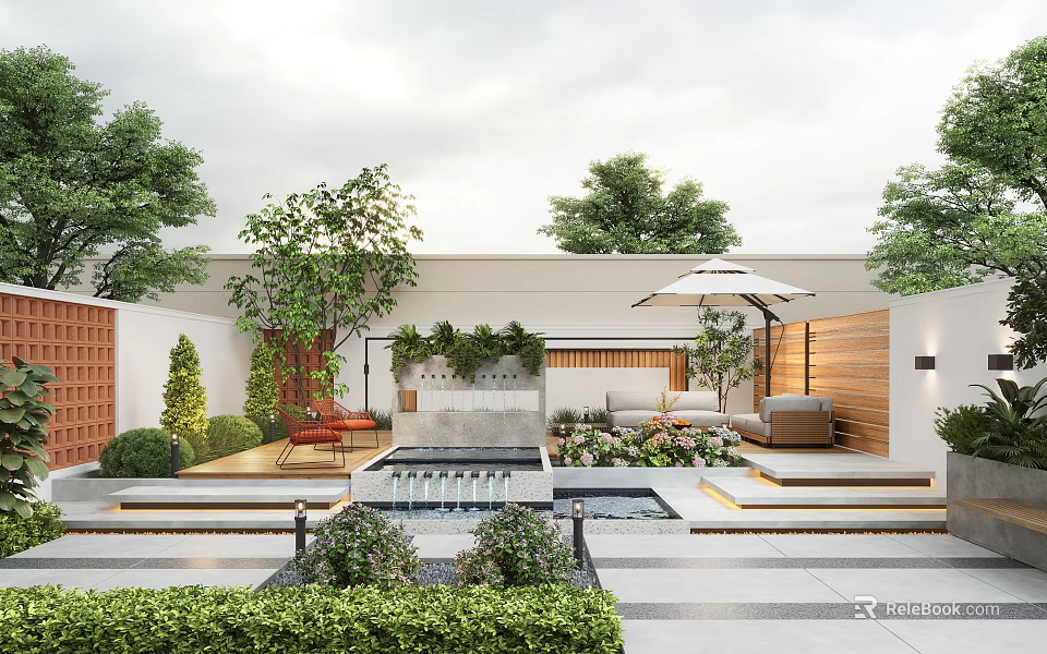 Beautiful Garden Courtyard Design with water feature green plants seating area umbrella and stone flooring 3d model 