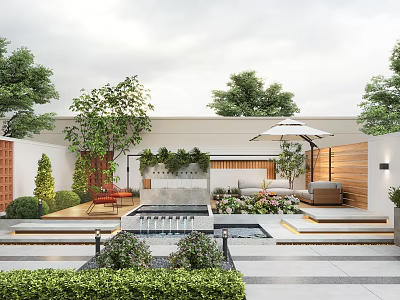 Beautiful Garden Courtyard Design with water feature green plants seating area umbrella and stone flooring 3d model