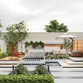 Beautiful Garden Courtyard Design with water feature green plants seating area umbrella and stone flooring