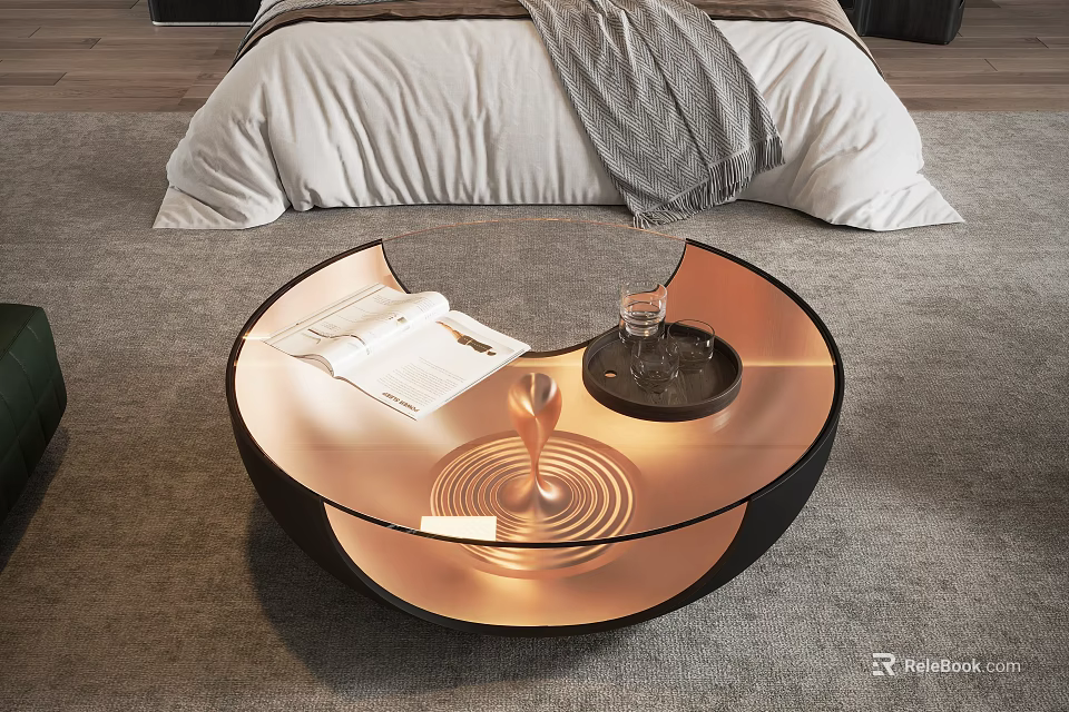 Modern Round Glass Coffee Table with Gold Black Frame Open Book and Tray 3d model