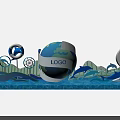 Scenic Photo Check In Spot With Globe Logo Waves Dolphins And Palm Tree Design