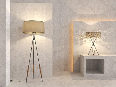Beige Shade Floor Lamp and Woven Shade Table Lamp Set Against Gray Wall 3d model