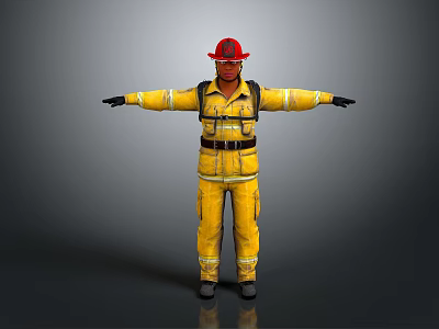 Firefighter In Yellow Firefighting Uniform With Red Helmet And Protective Gear 3d model