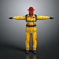 Firefighter In Yellow Firefighting Uniform With Red Helmet And Protective Gear