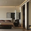 Modern Minimalist Bedroom Interior With Upholstered Headboard Pendant Light And Neutral Walls