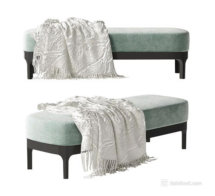 Light Green Upholstered Ottoman With Black Legs And White Throw Blanket 3d model 
