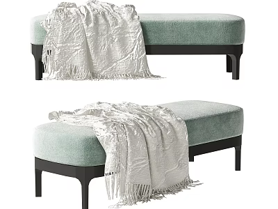 Light Green Upholstered Ottoman With Black Legs And White Throw Blanket 3d model