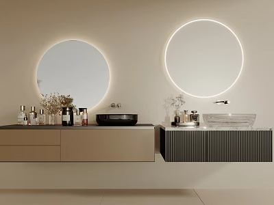 Modern Bathroom Vanity with Double Sinks Round Backlit Mirrors Decorative Plants and Toiletries 3d model