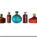 Various Wine Bottles And Glasses With Red Blue Colors And Chinese Labels On Dark Background