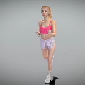 Woman in pink sports bra and light purple shorts wearing earphones holding smartphone