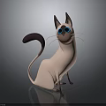 Sitting Siamese Cat With Blue Eyes And Long Dark Tail On Gray Shiny Background
