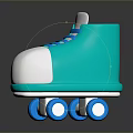 Green Roller Skates With White Toe Blue Laces Blue Wheels On Black Glossy Surface Reflection 3d model