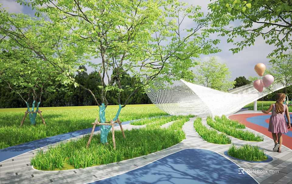 Scenic Park Landscape With Lush Green Trees Blue Pathways White Mesh Structure And Colorful Balloons 3d model 