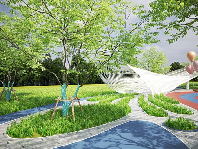 Scenic Park Landscape With Lush Green Trees Blue Pathways White Mesh Structure And Colorful Balloons 3d model