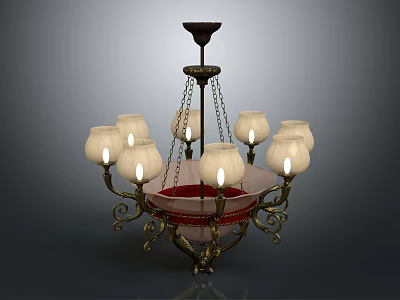 Traditional Eight Light Chandelier With White Glass Shades And Intricate Metal Scrollwork Design 3d model