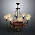 Traditional Eight Light Chandelier With White Glass Shades And Intricate Metal Scrollwork Design