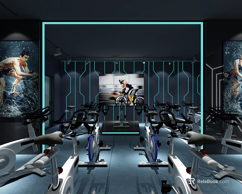 Modern Fitness Gym Interior With Spin Bikes Motivational Posters And Blue Lighting 3d model 
