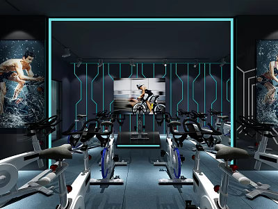 Modern Fitness Gym Interior With Spin Bikes Motivational Posters And Blue Lighting 3d model