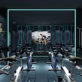 Modern Fitness Gym Interior With Spin Bikes Motivational Posters And Blue Lighting