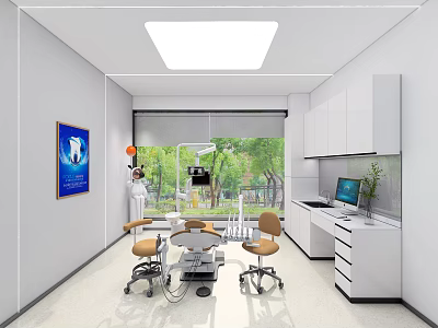 Modern Dental Clinic Interior With Treatment Chairs Medical Equipment White Cabinets And Window Greenery 3d model
