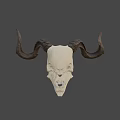 Detailed Mythical Skull With Large Curved Horns On Dark Background