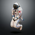 Man In White Spacesuit With Red White Blue Patches Floating Against Dark Background