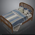 Wooden Bed Furniture With Blue And White Striped Quilt And Plaid Pillows