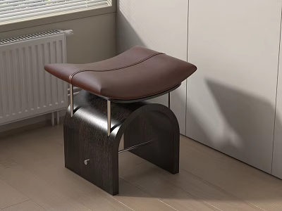 Modern Dark Wooden Stool With Brown Leather Seat And Metal Support Legs 3d model