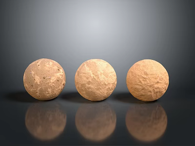 Three Spherical Stone Objects With Rough Texture On Light Brown Wood Surface And Reflections 3d model