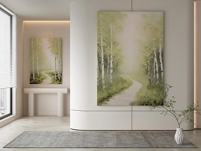 Serene Interior With Birch Tree Path Paintings White Console Table Gray Rug And Vase Plant 3d model