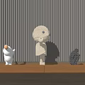 Decorative Ornament Set with Abstract Figurines on Wooden Shelf Vertical Striped Wall