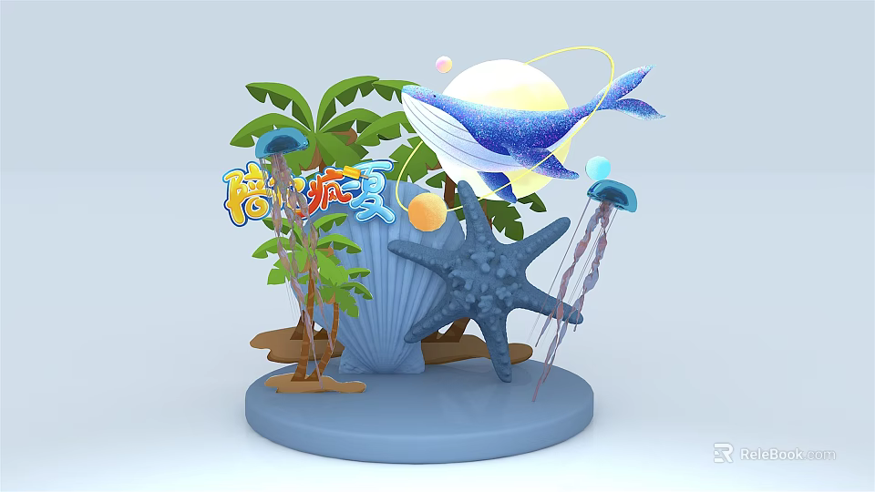 Summer Diving Feast Scene With Whale Starfish Jellyfish Palm Tree And Seashell 3d model 