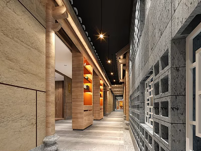 Classic Restaurant Interior Design With Stone Walls Wooden Elements And Bookshelves 3d model