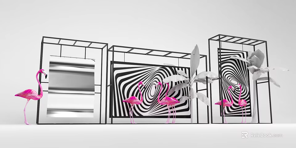 Modern Luxury Photo Taking Spot With Black White Striped Backdrop Pink Flamingos And Metal Frames 3d model 
