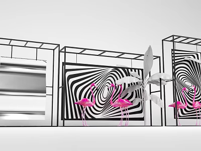 Modern Luxury Photo Taking Spot With Black White Striped Backdrop Pink Flamingos And Metal Frames 3d model