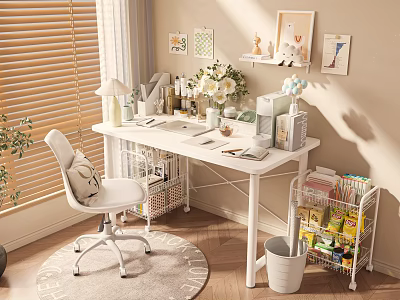 Modern White Desk Interior With Table Lamp Stationery Flower Vase And Storage Shelf 3d model