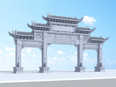 Traditional Chinese Paifang Architecture With Carved Decorations And Multi tiered Roofs Against Blue Sky 3d model