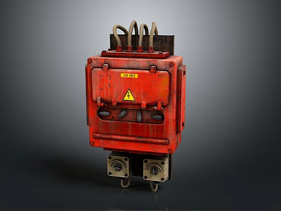 Red Electrical Control Box with Top Cables and Warning Sign Industrial Equipment 3d model